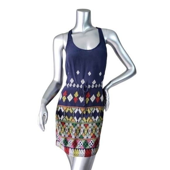 Cynthia Vincent Navy Blue Geometric Print Drawstring Waist Tank Dress Small Boho - Picture 2 of 7